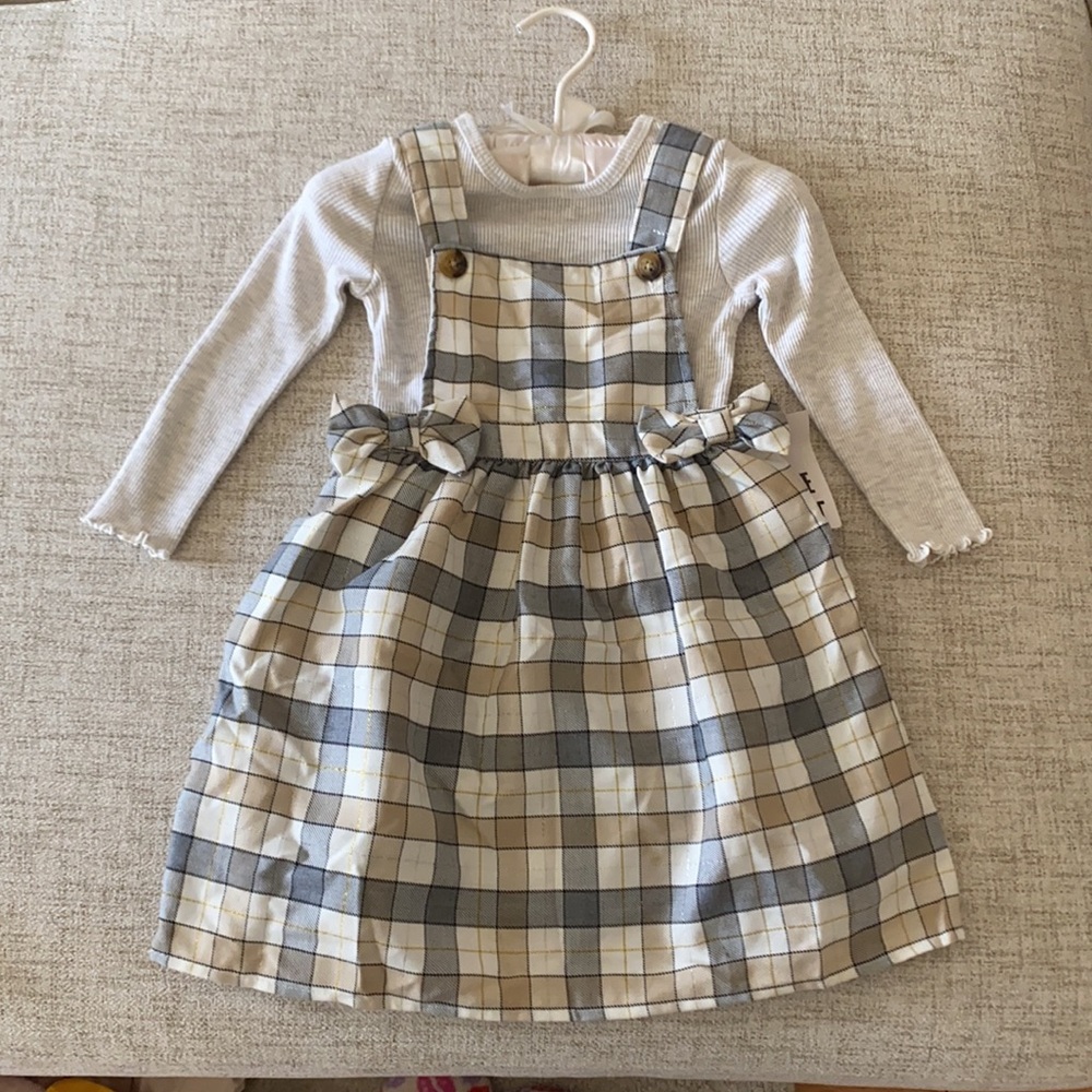 🪞 fit and flare plaid printed suspender dress long sleeve top sweater set 3T